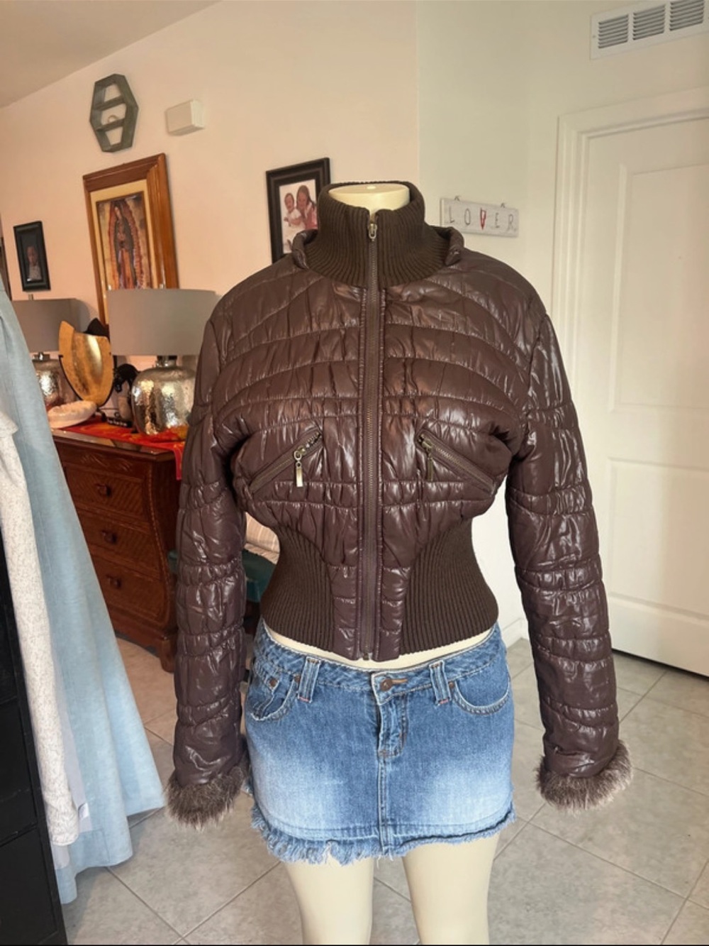 Cinched waist puffer jacket with faux fur cuffs